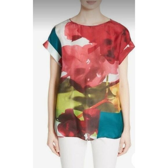 Lafayette 148 Blouse Top 100% Silk Short Sleeve Oversized Medium Multicolor
